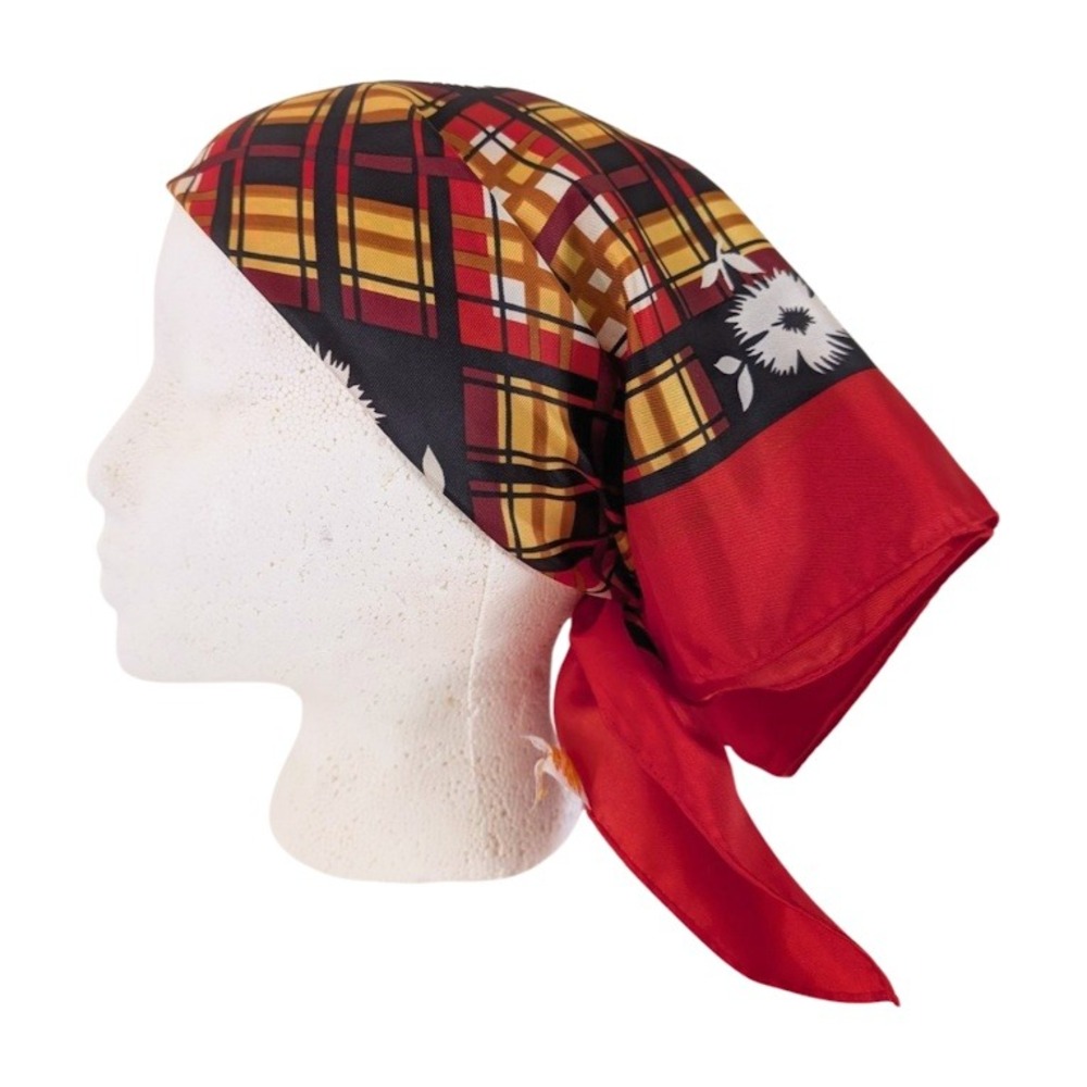 Glentex Vintage 70s Acetate Scarf Red Plaid Daisy‎ Print 23" Square Scarf